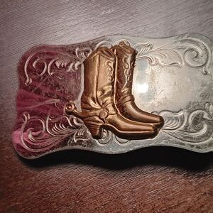 Western Style Belt Buckle with Gold Colored Boots And Belt Loop.